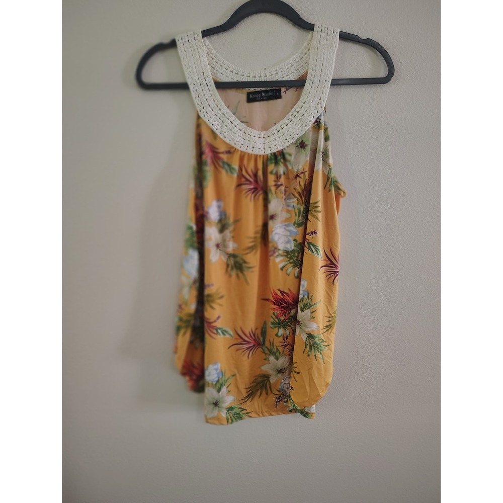 Knapp Studio Mustard Yellow Tropical Floral Crochet Neck Cold Shoulder Top‎